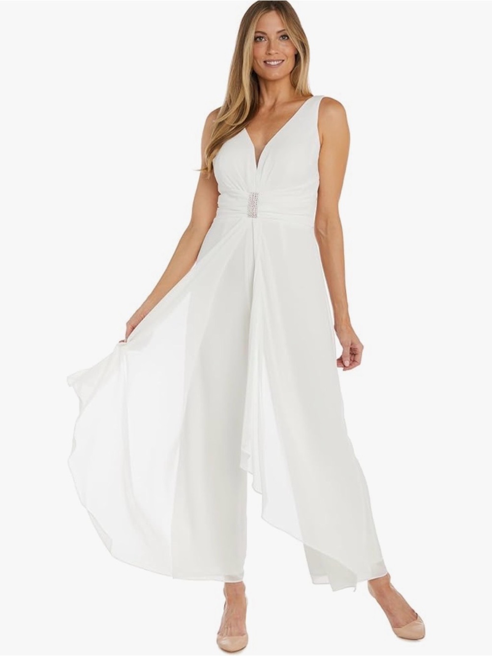 R&M Richards jumpsuit features a flowy chiffon overlay